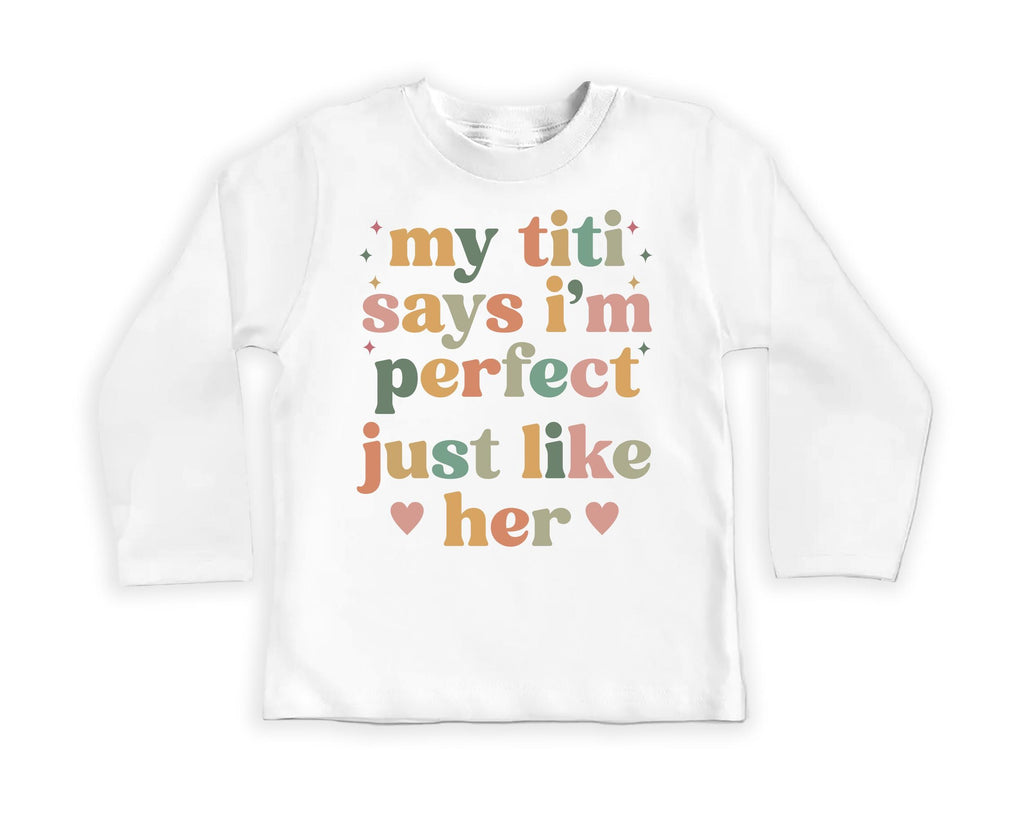 My Titi Says I'm Perfect Onesie Baby Bodysuit, Baby Shirt, Toddler Sweatshirt, Auntie's Bestie Boho Rainbow Outfit, Cute Baby Girl Gift Idea