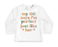 My Titi Says I'm Perfect Onesie Baby Bodysuit, Baby Shirt, Toddler Sweatshirt, Auntie's Bestie Boho Rainbow Outfit, Cute Baby Girl Gift Idea