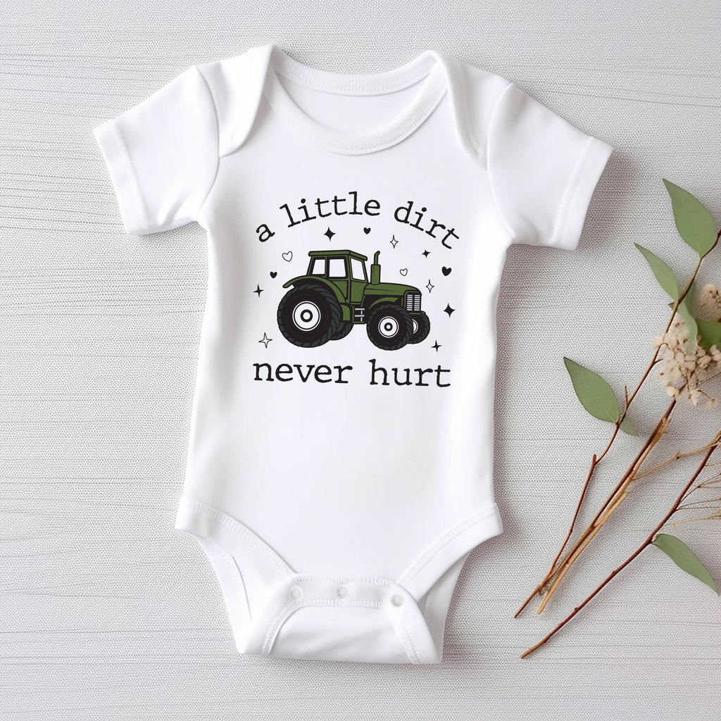 A Little Dirt Never Hurt Onesie, Baby Bodysuit, Baby Shirt, Toddler Sweatshirt - Trendy Farm Tractor Boys Outfit, Cute Country Boy Gift Idea