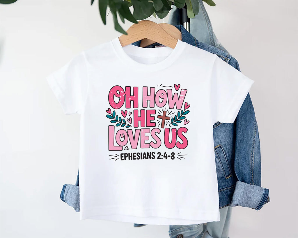 Oh How He Loves Us Onesie, Baby Bodysuit, Baby Shirt, Toddler Sweatshirt, Boho Religious Baby Outfit, Ephesians 2:4-8 Bible Verse Faith Gift