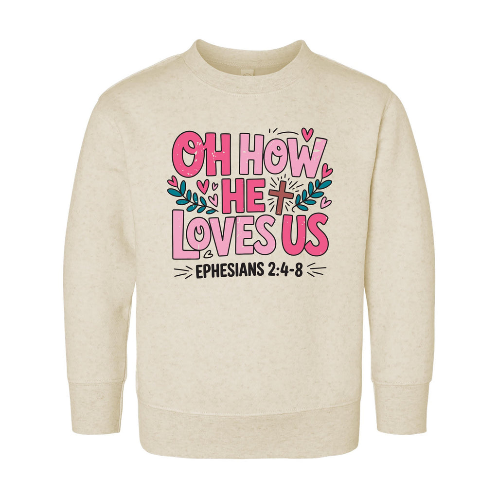 Oh How He Loves Us Onesie, Baby Bodysuit, Baby Shirt, Toddler Sweatshirt, Boho Religious Baby Outfit, Ephesians 2:4-8 Bible Verse Faith Gift