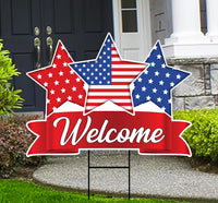 Vintage 4th of July Star Decorative Yard Sign - Welcome Sign, Independence Day, Home Outside Lawn Porch Decor Yard Sign with Metal H-Stake