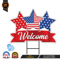 Vintage 4th of July Star Decorative Yard Sign - Welcome Sign, Independence Day, Home Outside Lawn Porch Decor Yard Sign with Metal H-Stake