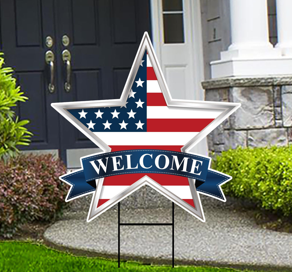 Star 4th of July Yard Sign, Welcome Patriotic US Flag Star Lawn Sign, Memorial Day Decorations Outdoor Garden Yard Sign with Metal H-Stake