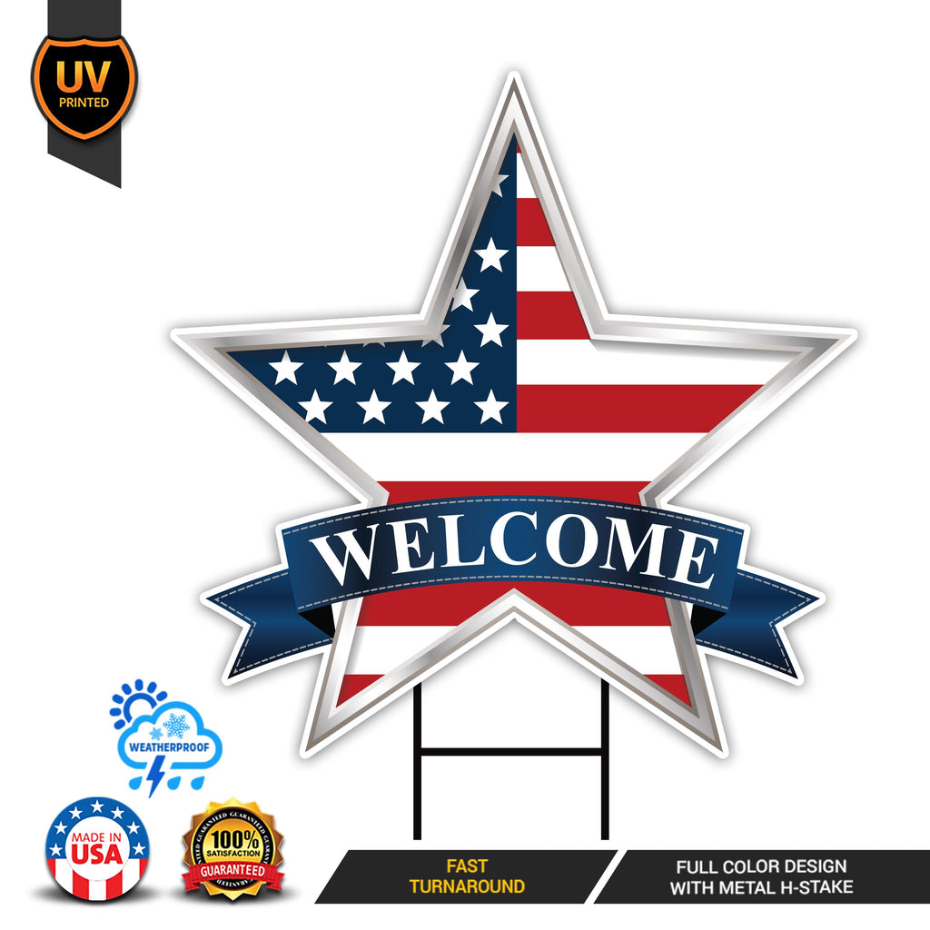 Star 4th of July Yard Sign, Welcome Patriotic US Flag Star Lawn Sign, Memorial Day Decorations Outdoor Garden Yard Sign with Metal H-Stake
