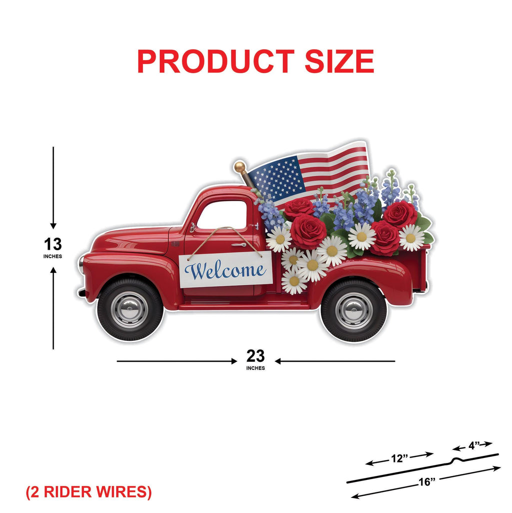 Red Truck Patriotic Yard Sign Cutout - 4th of July, Memorial Day, Independence Day, Veterans Day Yard Decorations Outdoor With Metal Stakes