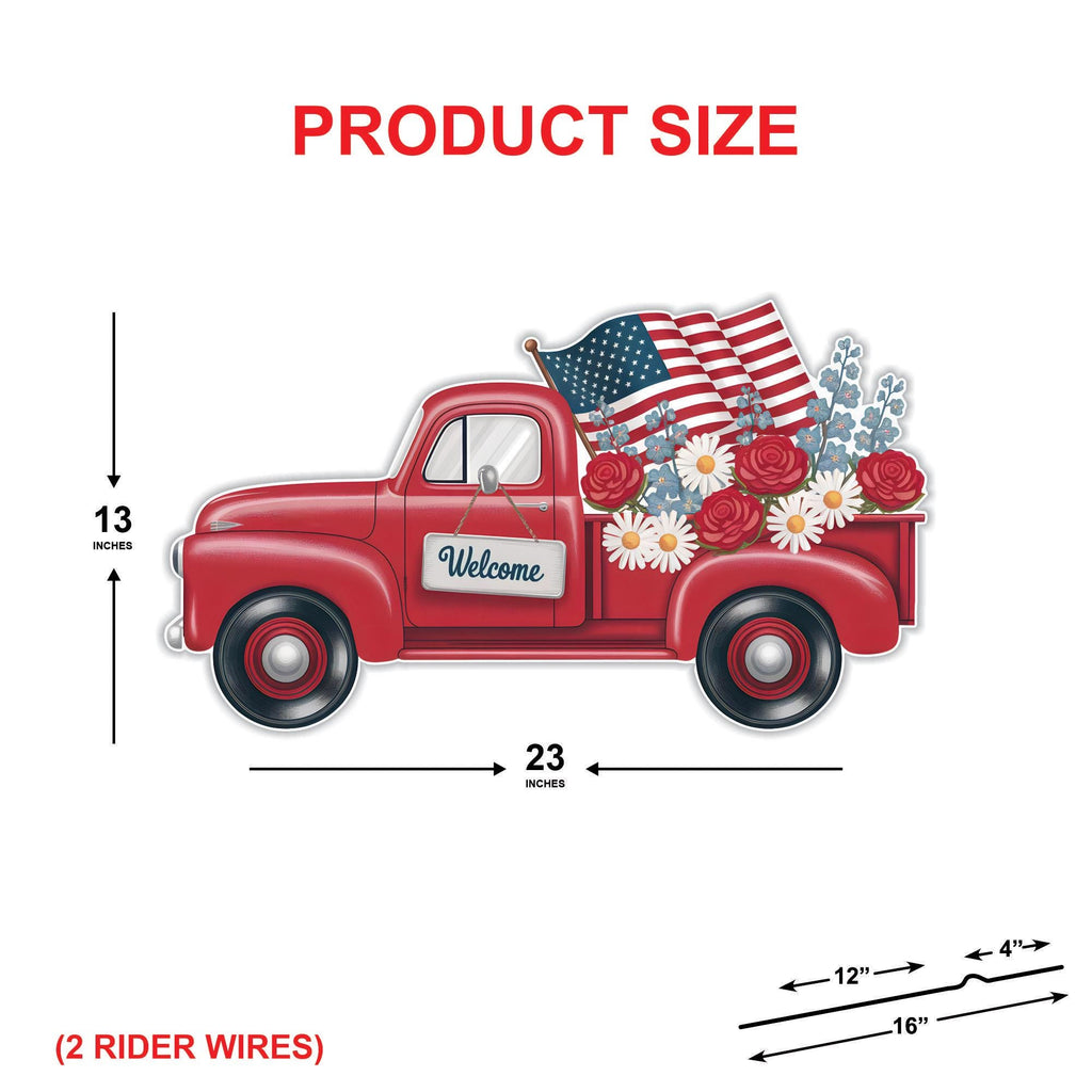 Red Truck Patriotic Yard Sign Cutout - 4th of July, Memorial Day, Independence Day, Veterans Day Yard Decorations Outdoor With Metal Stakes