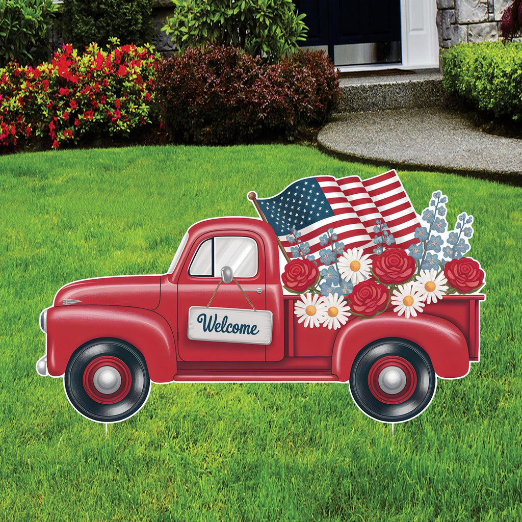 Red Truck Patriotic Yard Sign Cutout - 4th of July, Memorial Day, Independence Day, Veterans Day Yard Decorations Outdoor With Metal Stakes