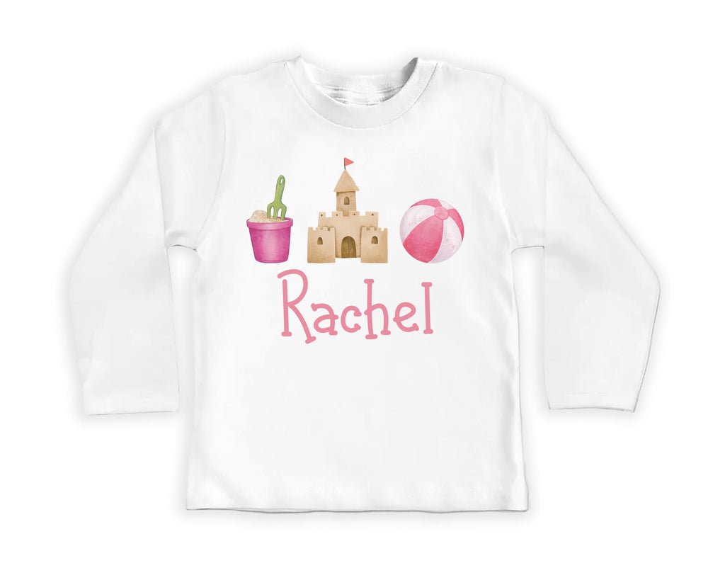 Personalized Girls Summer Onesie, Baby Bodysuit, Baby Shirt, Toddler Sweatshirt - Sandcastle Name Outfit, Custom Personalized Girl Gift