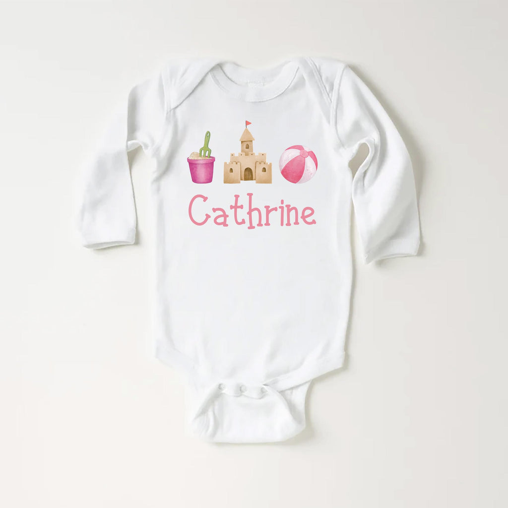 Personalized Girls Summer Onesie, Baby Bodysuit, Baby Shirt, Toddler Sweatshirt - Sandcastle Name Outfit, Custom Personalized Girl Gift