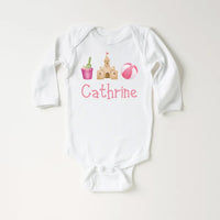 Personalized Girls Summer Onesie, Baby Bodysuit, Baby Shirt, Toddler Sweatshirt - Sandcastle Name Outfit, Custom Personalized Girl Gift