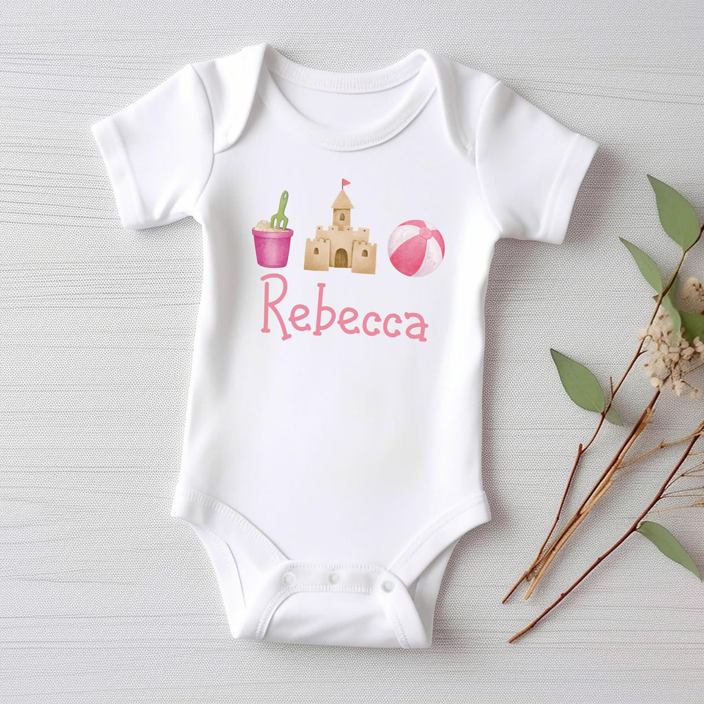 Personalized Girls Summer Onesie, Baby Bodysuit, Baby Shirt, Toddler Sweatshirt - Sandcastle Name Outfit, Custom Personalized Girl Gift