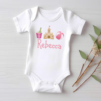 Personalized Girls Summer Onesie, Baby Bodysuit, Baby Shirt, Toddler Sweatshirt - Sandcastle Name Outfit, Custom Personalized Girl Gift