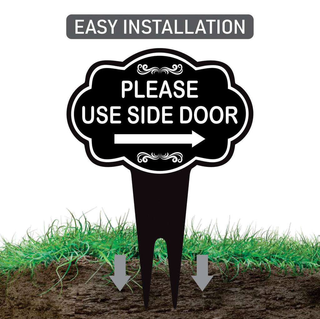 Please Use Side Door Yard Sign 10” x 14” - Rust-free Aluminum. Please Use Front Door Sign for Lawn, Yard Sign with Integrated Stake