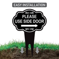 Please Use Side Door Yard Sign 10” x 14” - Rust-free Aluminum. Please Use Front Door Sign for Lawn, Yard Sign with Integrated Stake