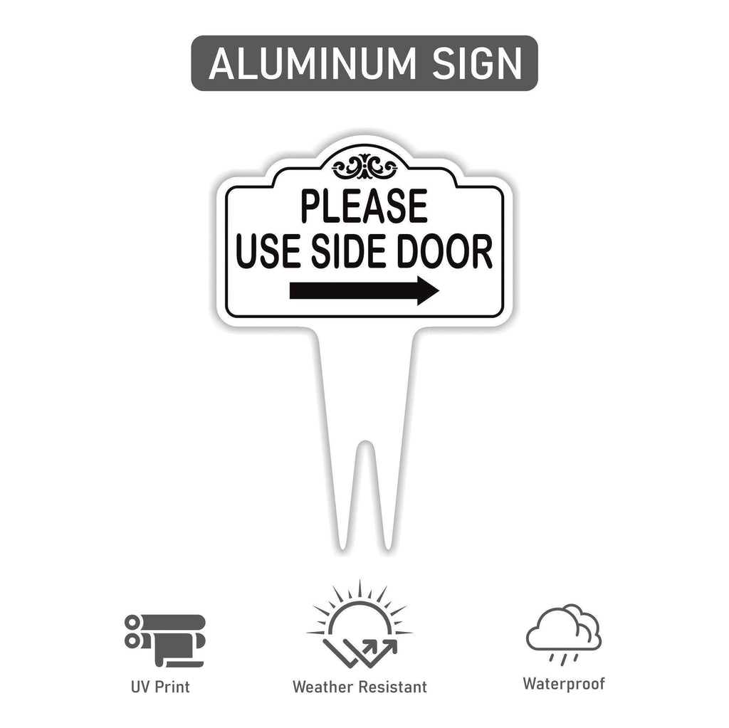 Please Use Side Door Yard Sign 10” x 14” - Rust-free Aluminum. Please Use Front Door Sign for Lawn, Yard Sign with Integrated Stake
