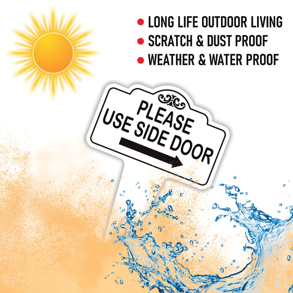 Please Use Side Door Yard Sign 10” x 14” - Rust-free Aluminum. Please Use Front Door Sign for Lawn, Yard Sign with Integrated Stake