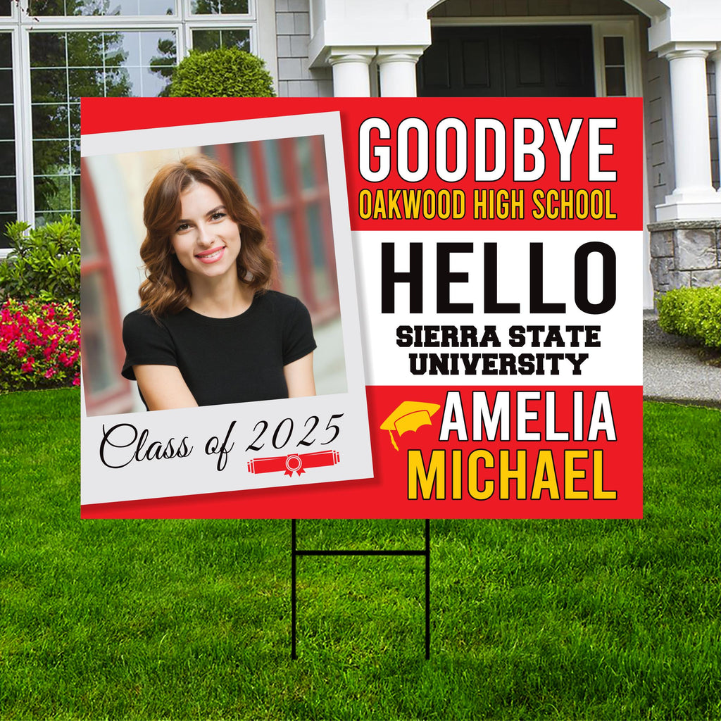 Personalized College Bound Yard Sign, College Logo Sign, Class of 2025 Custom Goodbye High School Hello College Yard Sign with Metal H-Stake