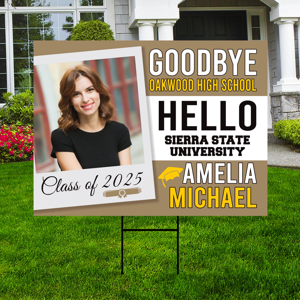 Personalized College Bound Yard Sign, College Logo Sign, Class of 2025 Custom Goodbye High School Hello College Yard Sign with Metal H-Stake
