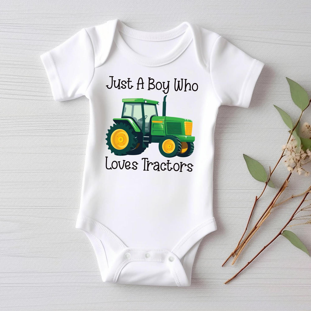Just a Boy Who Loves Tractors Onesie, Baby Bodysuit, Baby Shirt, Toddler Sweatshirt - Trendy Farm Outfit, Tractor Boys Country Baby Gift