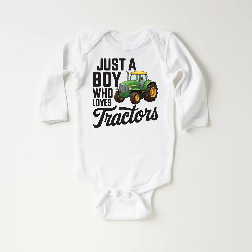 Just a Boy Who Loves Tractors Onesie, Baby Bodysuit, Baby Shirt, Toddler Sweatshirt - Trendy Farm Outfit, Tractor Boys Country Baby Gift