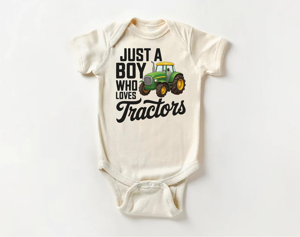Just a Boy Who Loves Tractors Onesie, Baby Bodysuit, Baby Shirt, Toddler Sweatshirt - Trendy Farm Outfit, Tractor Boys Country Baby Gift