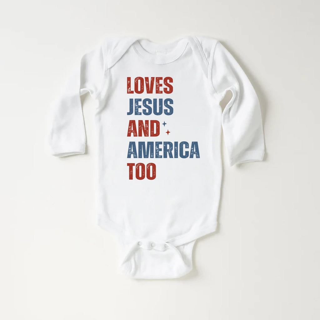 Loves Jesus and America Too Onesie, Baby Bodysuit, Baby Shirt, Toddler Sweatshirt - Patriotic Religious Outfit, Christian Baby Gift USA