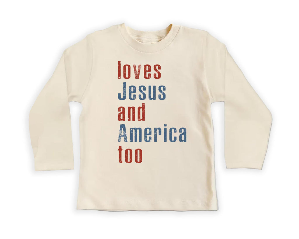 Loves Jesus and America Too Baby Shirt, Onesie, Baby Bodysuit, Toddler Sweatshirt - Patriotic Religious Outfit, Christian Baby Gift USA