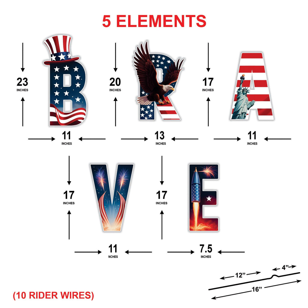 Patriotic BRAVE Letters Yard Sign - 4th of July Decor, Memorial Day, Independence Day, Veterans Day Yard Indoor Outdoor With Metal Stakes