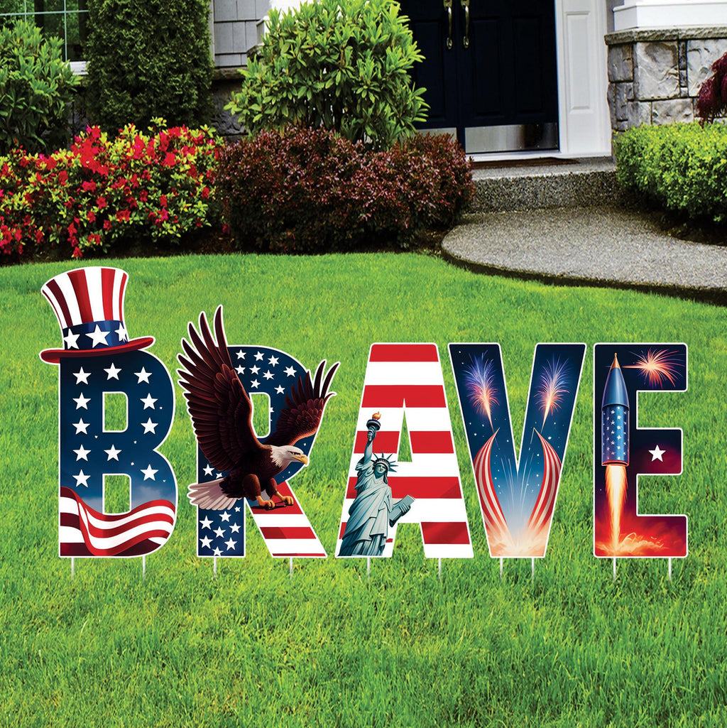 Patriotic BRAVE Letters Yard Sign - 4th of July Decor, Memorial Day, Independence Day, Veterans Day Yard Indoor Outdoor With Metal Stakes