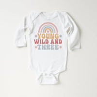 Young Wild & Three Onesie, Baby Bodysuit, Baby Shirt, Toddler Sweatshirt - Girls Retro Rainbow Birthday Outfit, Cute 3rd Birthday Gift
