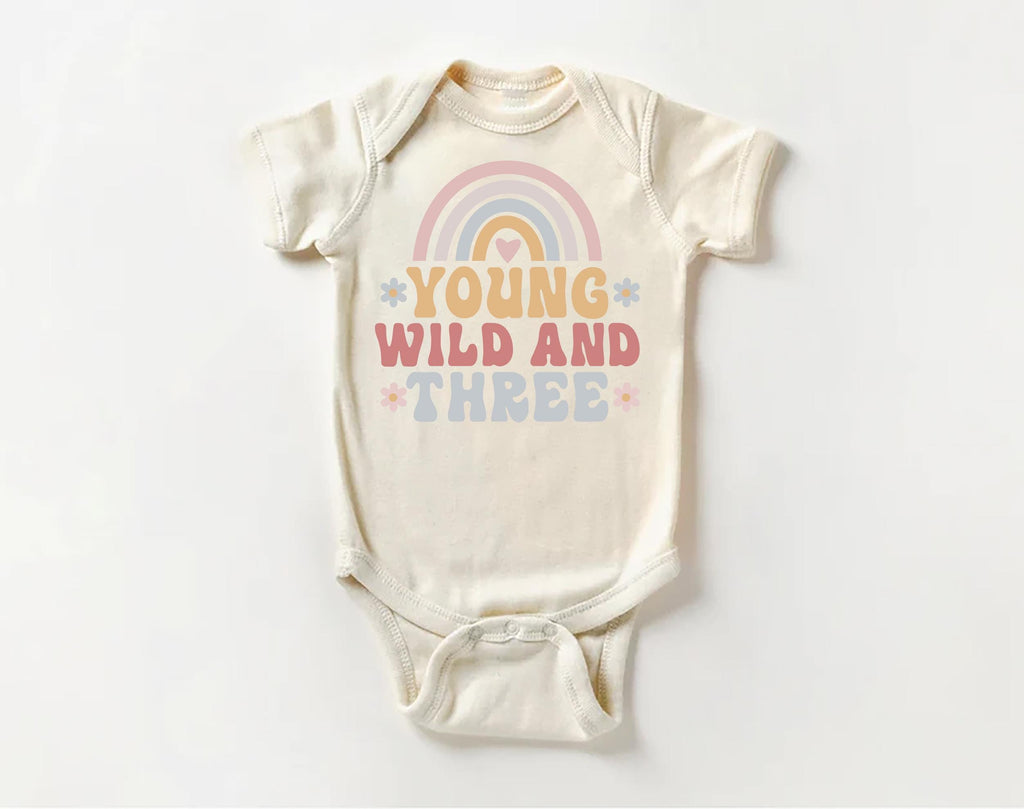 Young Wild & Three Onesie, Baby Bodysuit, Baby Shirt, Toddler Sweatshirt - Girls Retro Rainbow Birthday Outfit, Cute 3rd Birthday Gift