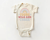 Young Wild & Three Onesie, Baby Bodysuit, Baby Shirt, Toddler Sweatshirt - Girls Retro Rainbow Birthday Outfit, Cute 3rd Birthday Gift