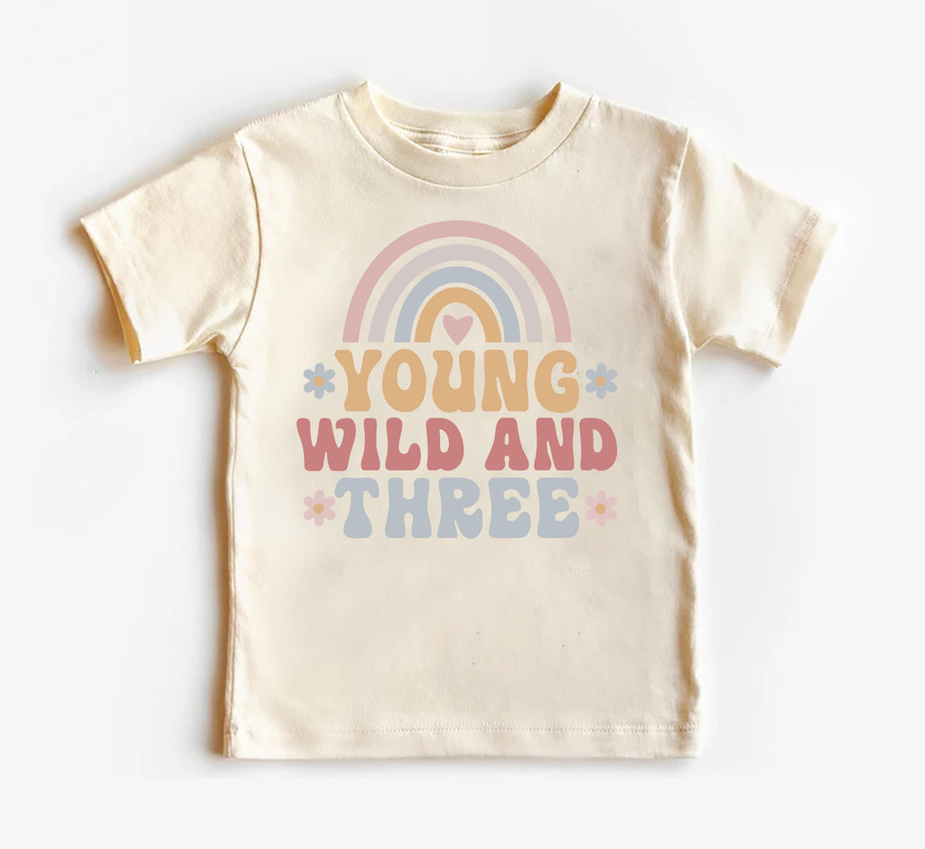 Young Wild & Three Onesie, Baby Bodysuit, Baby Shirt, Toddler Sweatshirt - Girls Retro Rainbow Birthday Outfit, Cute 3rd Birthday Gift