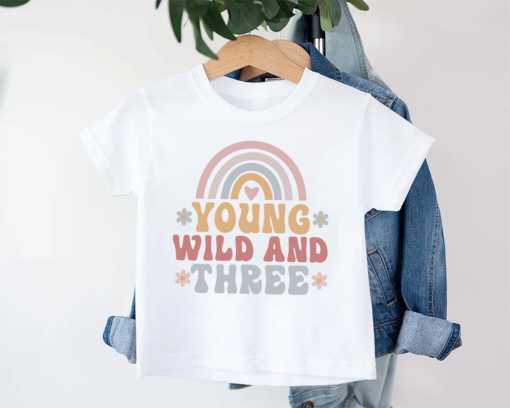 Young Wild & Three Onesie, Baby Bodysuit, Baby Shirt, Toddler Sweatshirt - Girls Retro Rainbow Birthday Outfit, Cute 3rd Birthday Gift