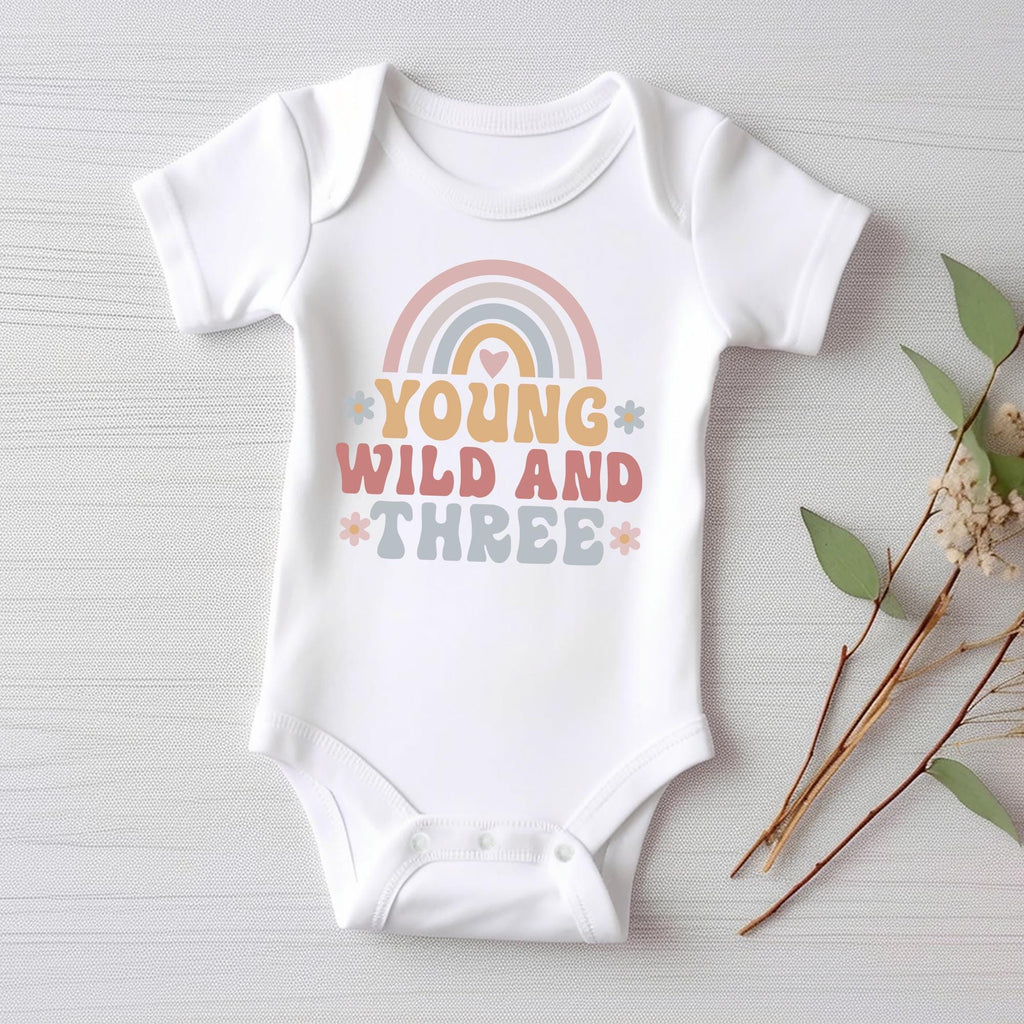 Young Wild & Three Onesie, Baby Bodysuit, Baby Shirt, Toddler Sweatshirt - Girls Retro Rainbow Birthday Outfit, Cute 3rd Birthday Gift