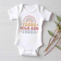 Young Wild & Three Onesie, Baby Bodysuit, Baby Shirt, Toddler Sweatshirt - Girls Retro Rainbow Birthday Outfit, Cute 3rd Birthday Gift