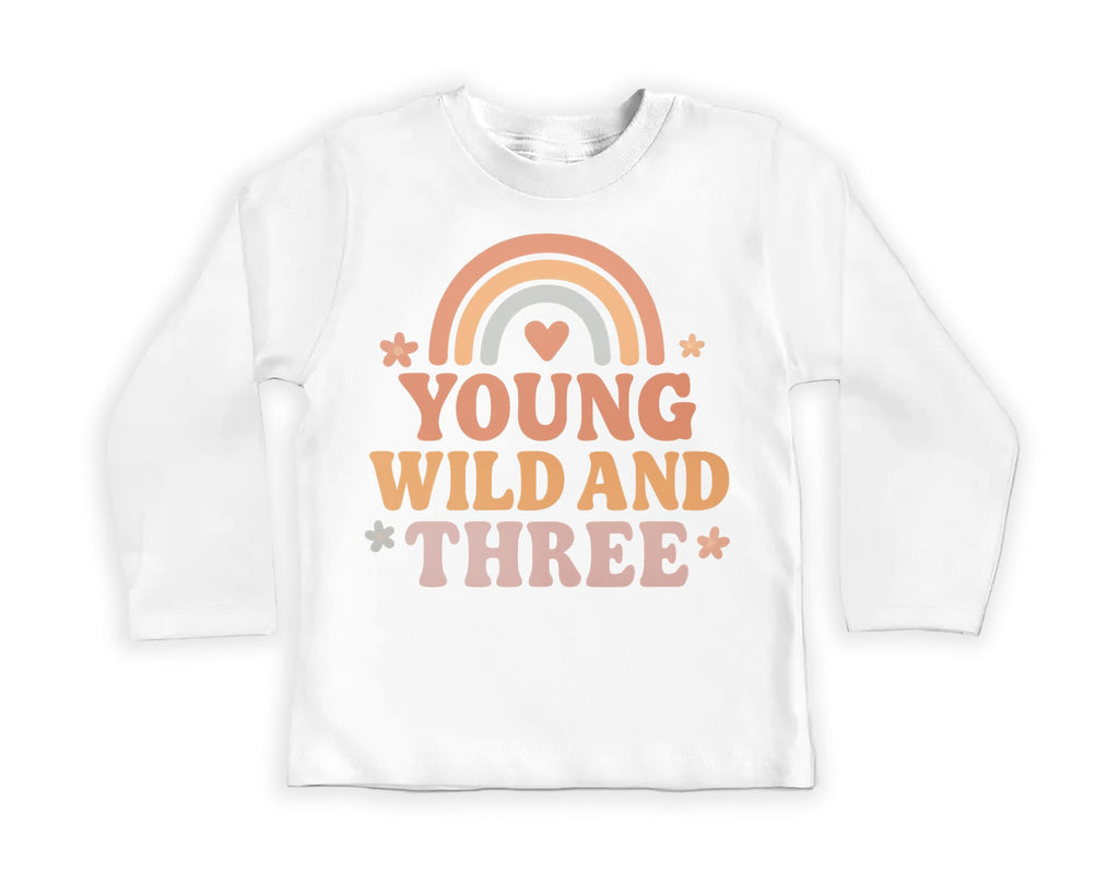 Young Wild & Three Onesie, Baby Bodysuit, Baby Shirt, Toddler Sweatshirt - Girls Retro Rainbow Birthday Outfit, Cute 3rd Birthday Gift
