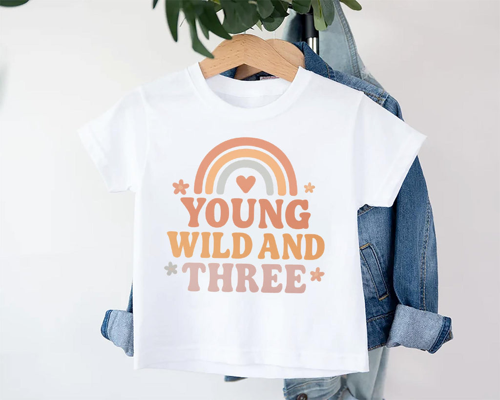 Young Wild & Three Onesie, Baby Bodysuit, Baby Shirt, Toddler Sweatshirt - Girls Retro Rainbow Birthday Outfit, Cute 3rd Birthday Gift