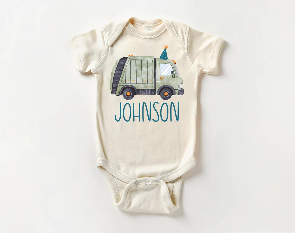 Personalized Trash Truck Onesie, Baby Bodysuit, Baby Shirt, Toddler Sweatshirt - Boys Birthday Garbage Truck Outfit, Retro Custom Party Gift