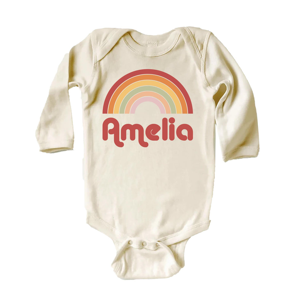 Personalized Girls Name Onesie, Baby Bodysuit, Baby Shirt, Toddler Sweatshirt - Custom Retro Rainbow Outfit, Cute Gift for Baby Girl