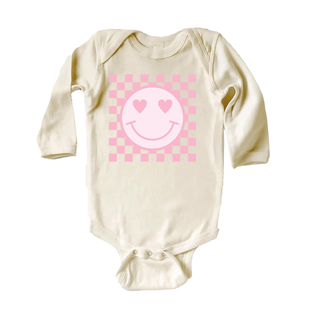 Pink Smiley Face Onesie, Baby Bodysuit, Baby Shirt, Toddler Sweatshirt, Retro Happy Summer Outfit, Cute Baby Girl Gift, Groovy Sunshine Look