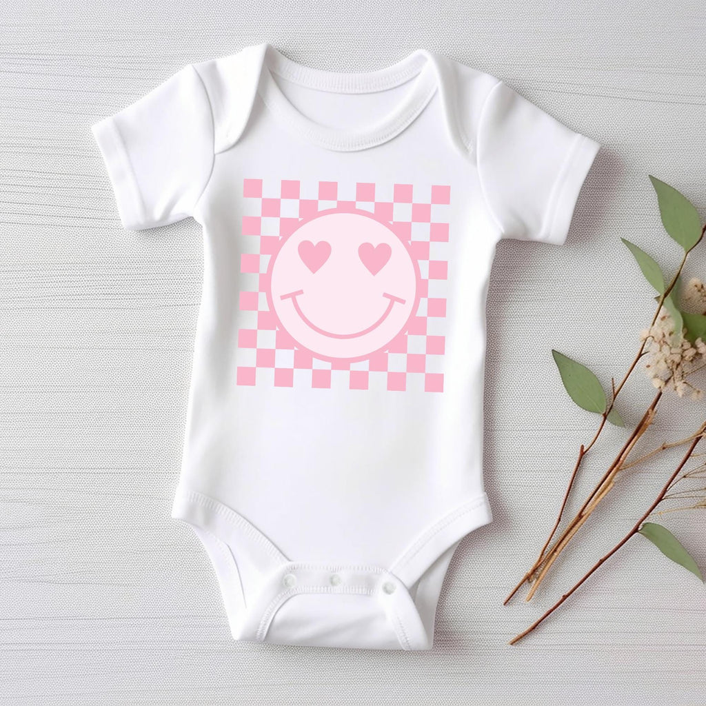 Pink Smiley Face Onesie, Baby Bodysuit, Baby Shirt, Toddler Sweatshirt, Retro Happy Summer Outfit, Cute Baby Girl Gift, Groovy Sunshine Look