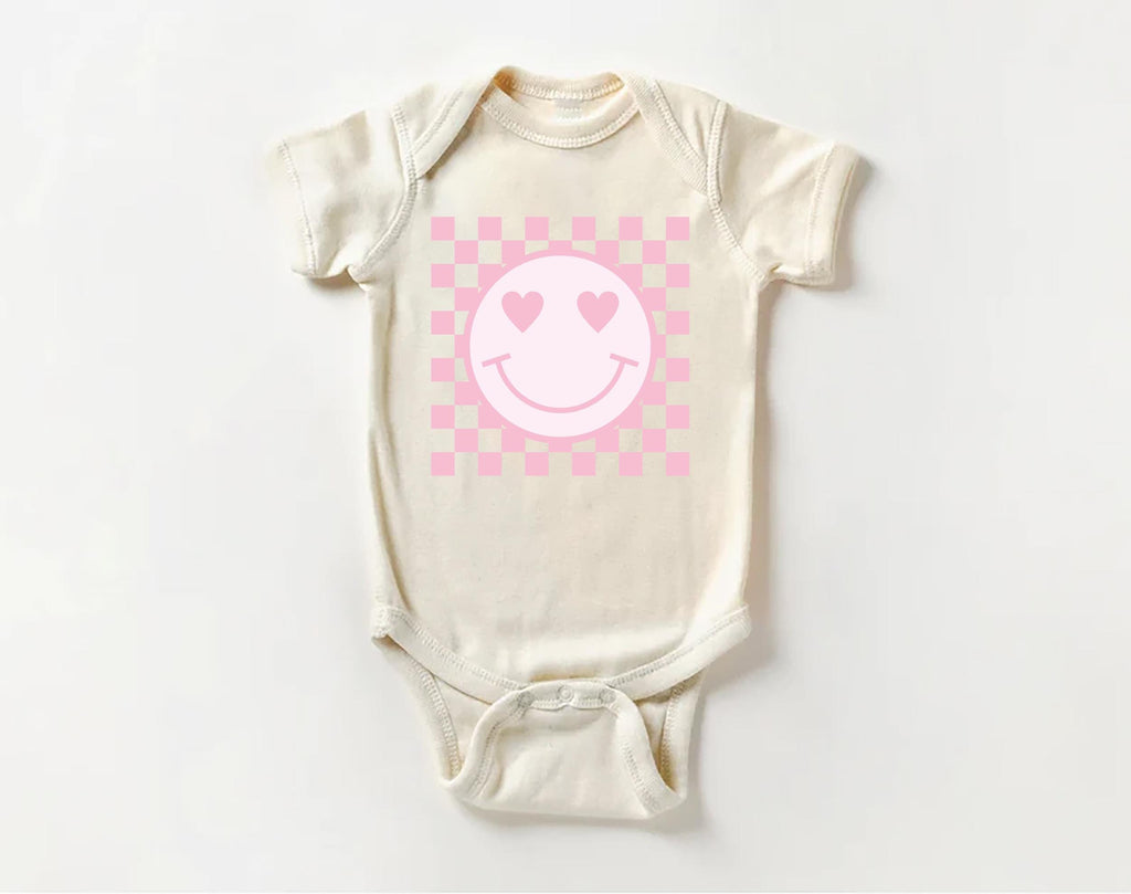 Pink Smiley Face Onesie, Baby Bodysuit, Baby Shirt, Toddler Sweatshirt, Retro Happy Summer Outfit, Cute Baby Girl Gift, Groovy Sunshine Look