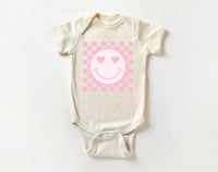Pink Smiley Face Onesie, Baby Bodysuit, Baby Shirt, Toddler Sweatshirt, Retro Happy Summer Outfit, Cute Baby Girl Gift, Groovy Sunshine Look