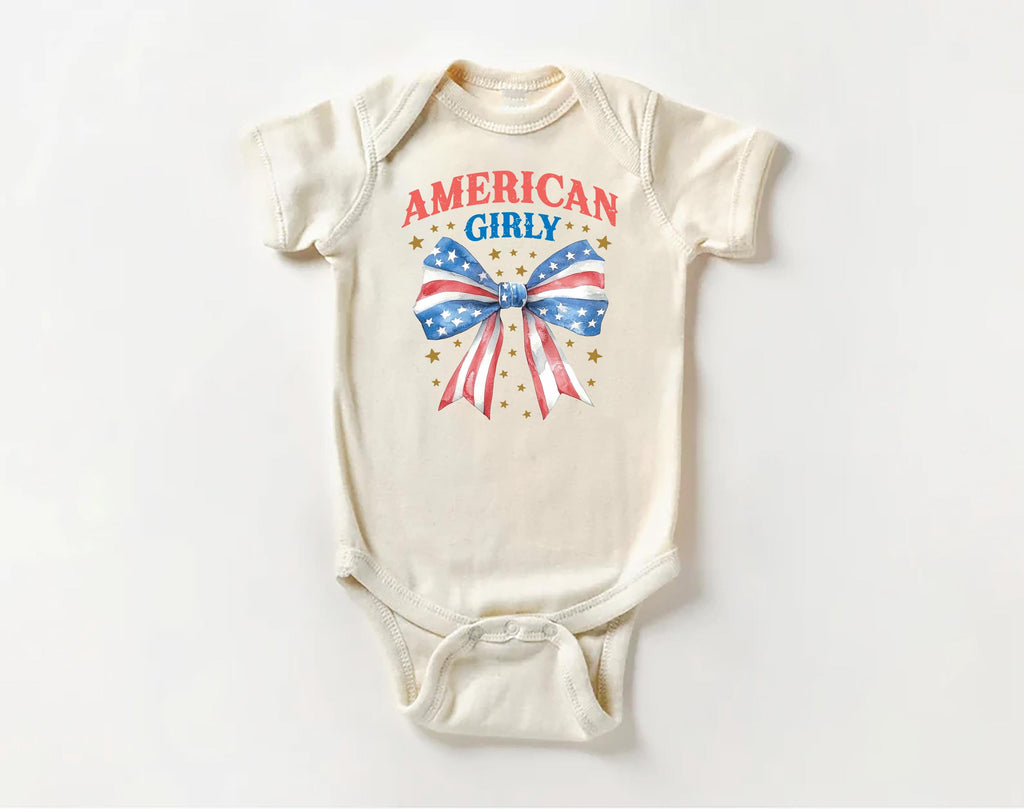 American Girly Onesie, Baby Bodysuit, Baby Shirt, Toddler Sweatshirt - Retro Fourth of July Outfit, Cute Flag Coquette Girls Patriotic Gift