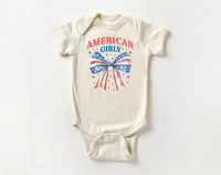 American Girly Onesie, Baby Bodysuit, Baby Shirt, Toddler Sweatshirt - Retro Fourth of July Outfit, Cute Flag Coquette Girls Patriotic Gift