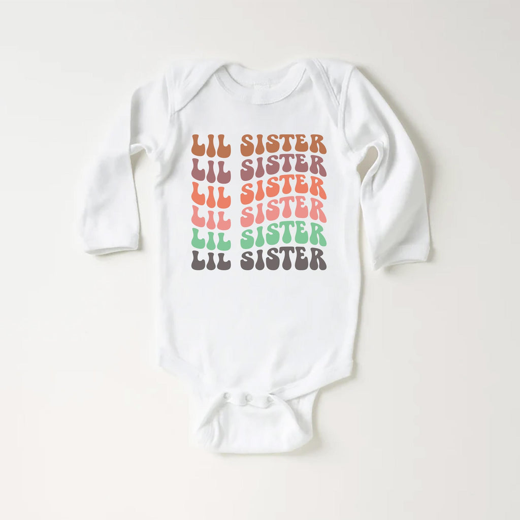 Retro Lil Sister Onesie Baby Bodysuit, Baby Shirt, Toddler Sweatshirt, Rainbow Sibling Outfit, Cute Little Sister Gift, Matching Family Look