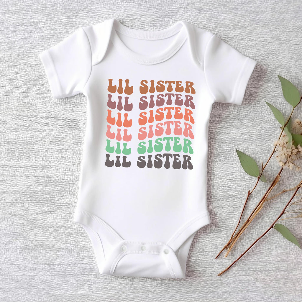 Retro Lil Sister Onesie Baby Bodysuit, Baby Shirt, Toddler Sweatshirt, Rainbow Sibling Outfit, Cute Little Sister Gift, Matching Family Look