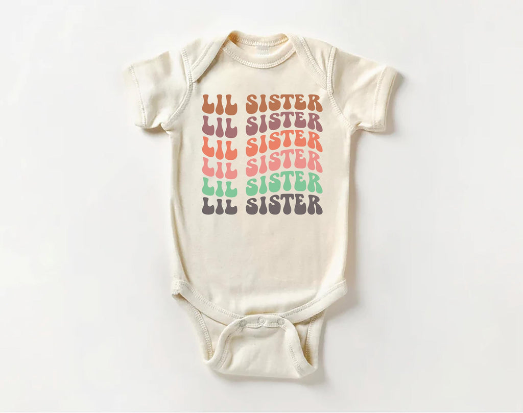 Retro Lil Sister Onesie Baby Bodysuit, Baby Shirt, Toddler Sweatshirt, Rainbow Sibling Outfit, Cute Little Sister Gift, Matching Family Look